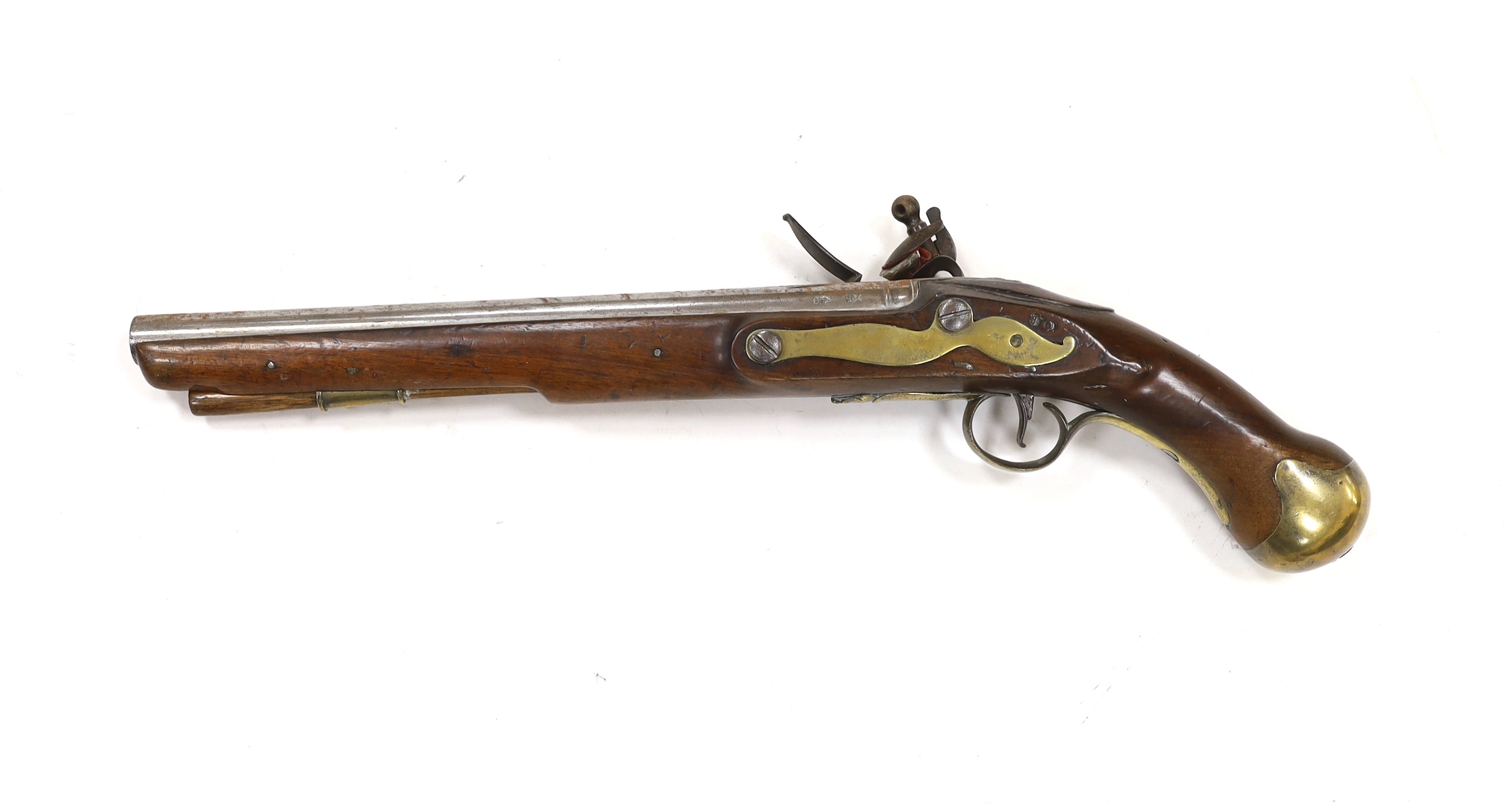 An early 19th century flintlock pistol, fully stocked with Tower proofs and crown over GR stamp to lock, plain brass butt cap and trigger guard